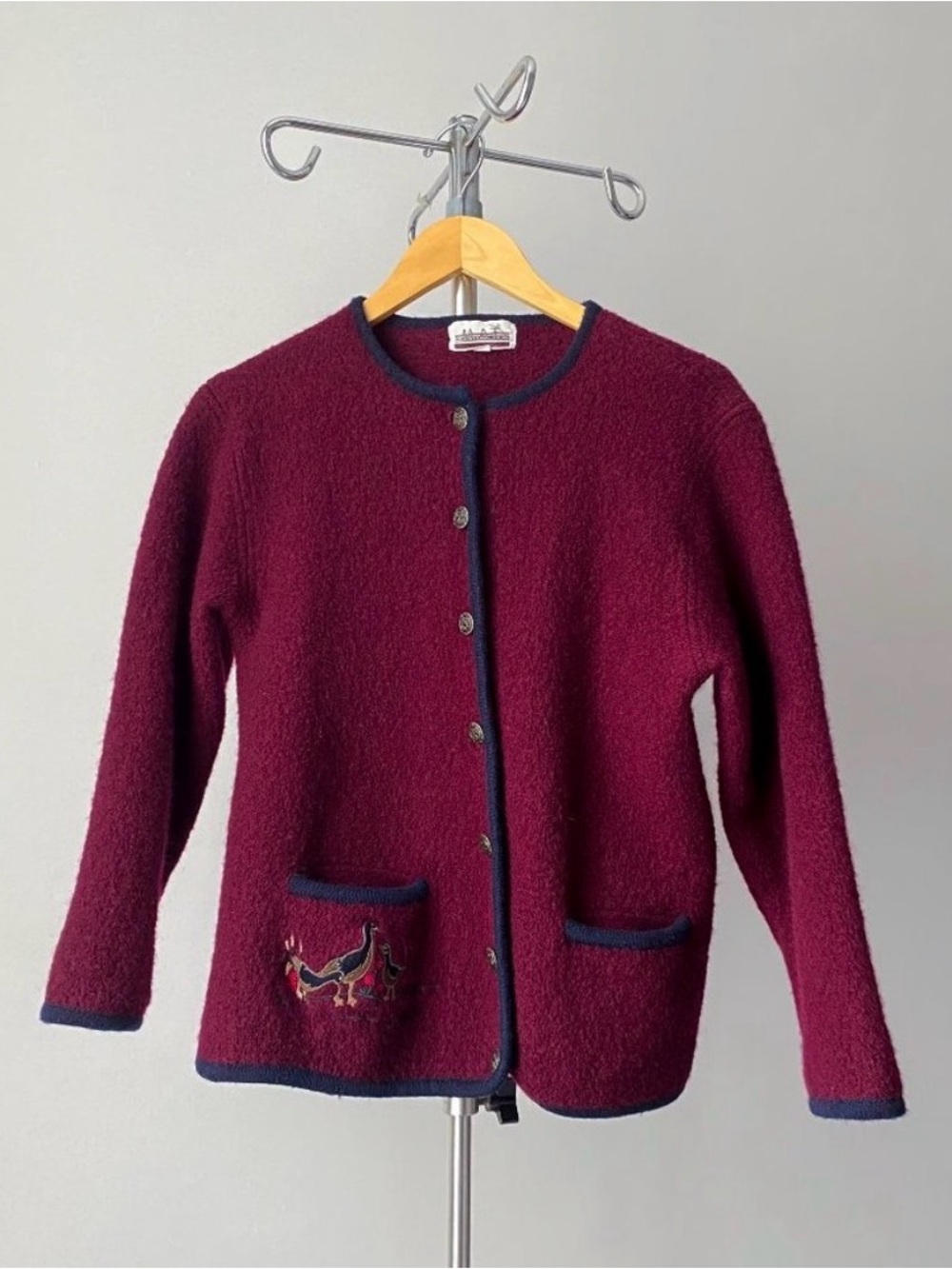 90s Vintage Navy & Burgundy Wool Cardigan with Quirky Embroidered Ducks